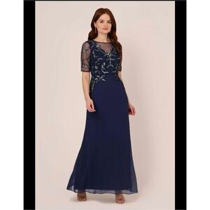 Adrianna Papell Studio Navy Blue Long Beaded Chiffon Dress Size 4 New